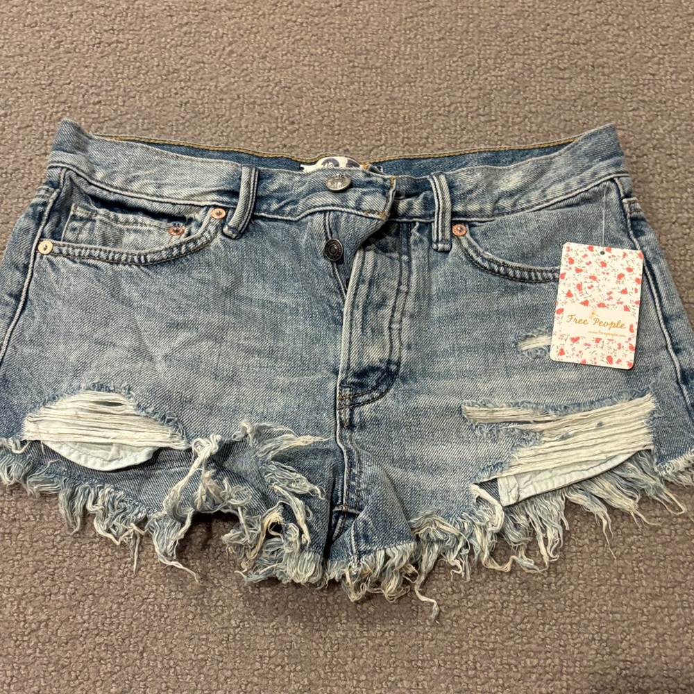 Free People Light Blue Frayed Jean Shorts